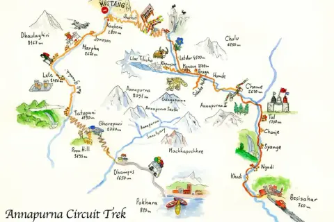 Ilustrowana mapa szlaku **Annapurna Circuit Trek** z zaznaczonymi górami, wioskami i atrakcjami.