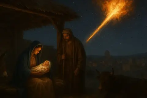 Narodzenie Jezusa w stajni. Maryja tuli Dzieciątko, Józef czuwa. Nad Betlejem jaśnieje niezwykła gwiazda, być może gwiazda Remphana, zapowiadająca wielkie wydarzenie.