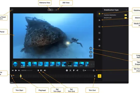 Interfaccia di Insta360 Studio con video di un subacqueo vicino a un relitto. Pannelli per editing, stabilizzazione e timeline.