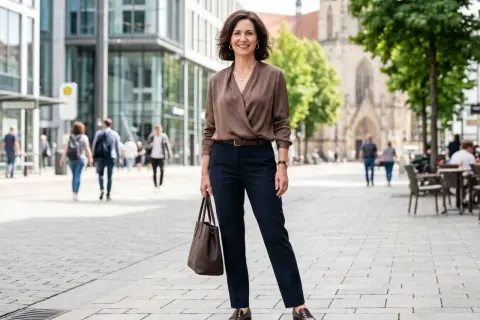 Eine Frau mit brauner Bluse und dunkler Hose steht lächelnd auf einer belebten Straße. Sie trägt eine braune Handtasche und braune Loafer. Ein breiter Typ von Stadtbild im Hintergrund.
