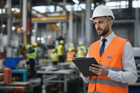 Inspektor BHP w kamizelce odblaskowej i kasku trzyma tablet na tle hali produkcyjnej.