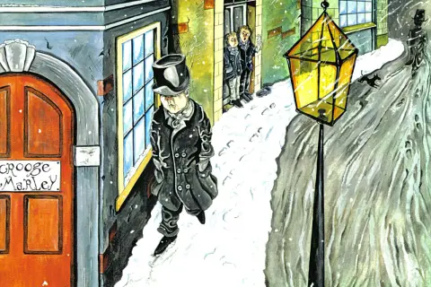 Ilustracja przedstawia Ebenzera Scrooge'a w czapce i płaszczu, idącego w śnieżny wieczór ulicą.