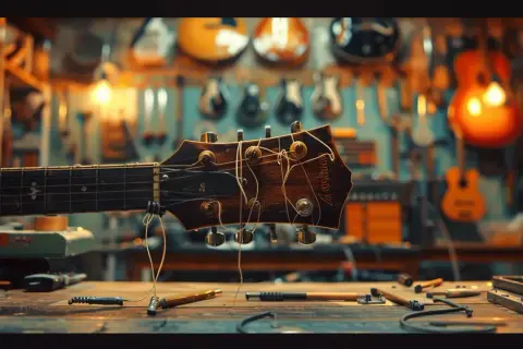 Główka gitary elektrycznej z luźnymi strunami na tle warsztatu z gitarami.