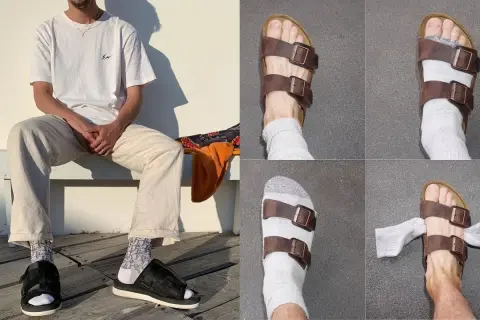 Un uomo indossa Birkenstock con calzini, mostrando diverse angolazioni e stili di calzini abbinati ai sandali.