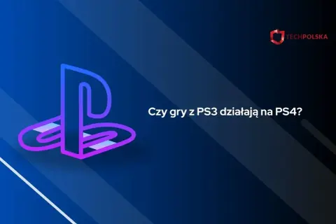 Logo PlayStation z tekstem "Czy gry z PS3 działają na PS4?" na niebieskim tle.