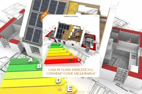 Modello di casa con pannelli solari e scala energetica. Scopri come aumentare classe energetica per un futuro sostenibile.