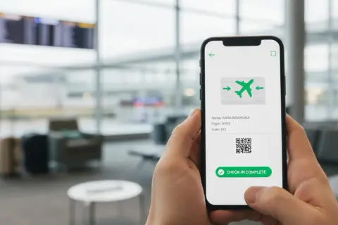 Ręka trzyma smartfon z potwierdzeniem odprawy online. Na ekranie widnieje imię i nazwisko, numer lotu, bramka oraz kod QR.
