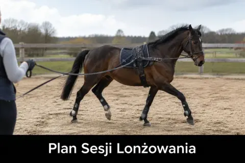 Trenerka prowadzi lonżowanie konia na piaskowej ujeżdżalni. Koń w siodle i ogłowiu biegnie po okręgu.