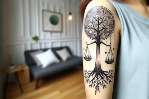 Tatuaje de árbol de la vida con balanza, simbolizando el equilibrio de la vida.