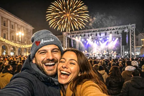 Coppia felice festeggia il capodanno a Civitanova Marche tra fuochi d'artificio e musica dal vivo.