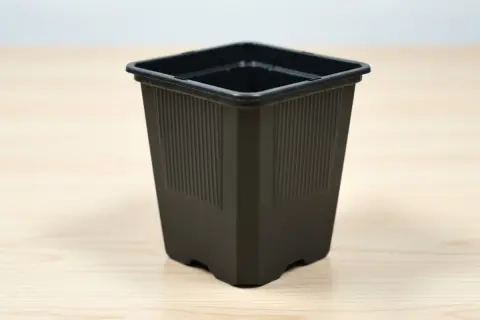 En svart, fyrkantig kruka med räfflade sidor står på ett ljust träbord. Perfekt för dina små plantor.
