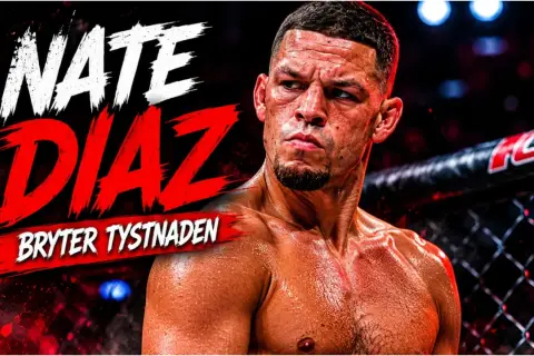 Nate Diaz, svettig och fokuserad, redo för sin nästa fight. Texten "BRYTER TYSTNADEN" antyder en kommande händelse.