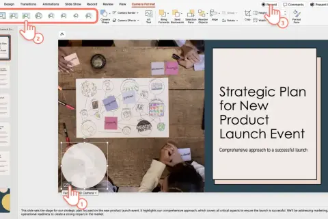 Prezentacja PowerPoint z widokiem kamery i menu "Camera Format". Kliknięcie "Record" (3) rozpoczyna nagrywanie.