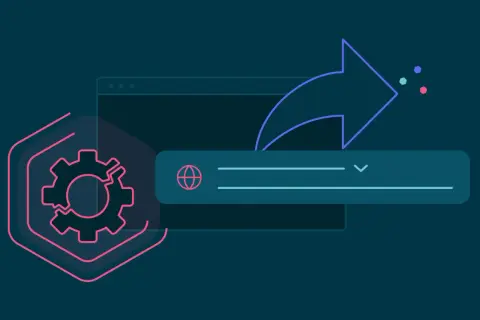 Abstract illustration of a gear within a hexagon, a browser window, and an arrow indicating a process or export.