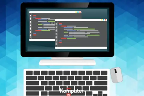 Monitor z kodem, klawiatura i myszka – to narzędzia do tworzenia w aplikacjach do programowania.