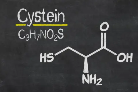 Struktura L-cysteiny (C3H7NO2S) i jej potencjalna szkodliwość.