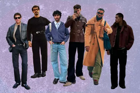 Six hommes stylés, chacun un influenceur mode homme, présentent des looks variés.