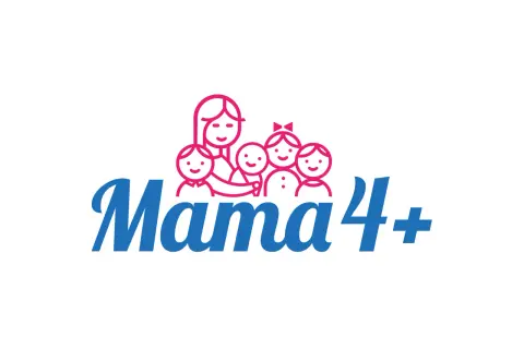 Logo "Mama 4+" z uśmiechniętą mamą i czwórką dzieci. Symbolizuje dodatkowe 200 zł do emerytury za dzieci.