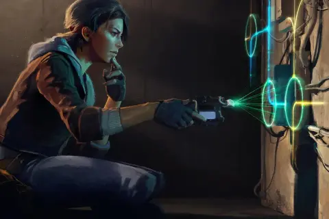 Alyx Vance z Half-Life: Alyx na PS5 manipuluje energią za pomocą swojego pistoletu, tworząc zielone wiązki światła.