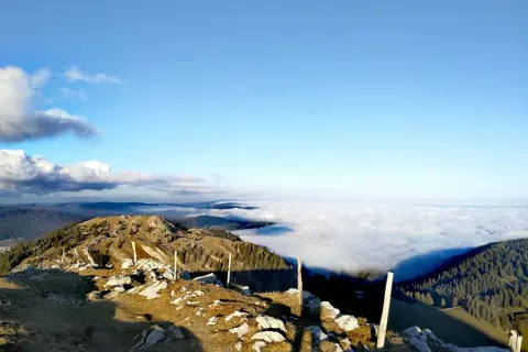 Vue panoramique d'une randonnée la Dôle depuis les Dappes, avec une mer de nuages sous un ciel bleu éclatant.