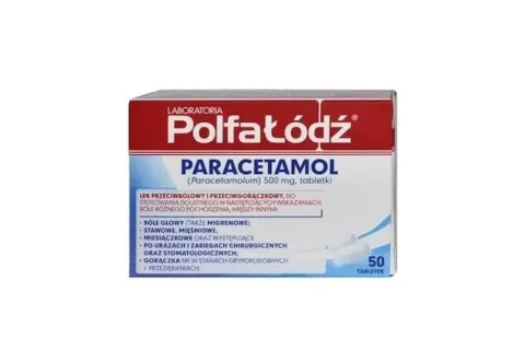 Opakowanie leku Polfa Łódź Paracetamol 500 mg. Czy paracetamol jest przeciwzapalny? Lek jest przeciwbólowy i przeciwgorączkowy, stosowany m.in. na bóle głowy, stawowe, mięśniowe.