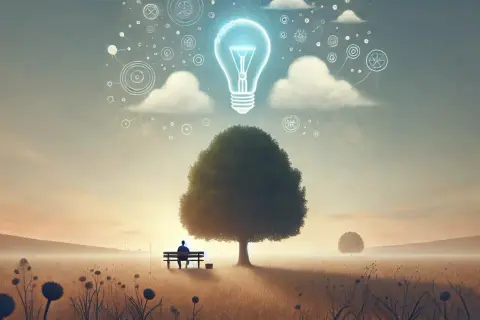 Ein Mann sitzt allein auf einer Bank unter einem Baum. Über ihm schwebt eine leuchtende Glühbirne, die Ideen symbolisiert. Dies kann als Metapher für die Suche nach Inspiration aus der **Langeweile aus psychologischer Sicht** interpretiert werden.
