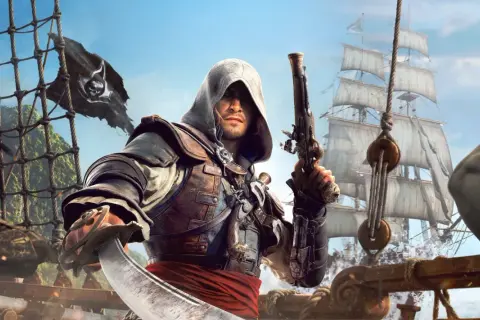 Piracki kapitan z pistoletem i szablą, na tle żaglowca i czarnej flagi. Wygląda jak z gry **black flag remake**.
