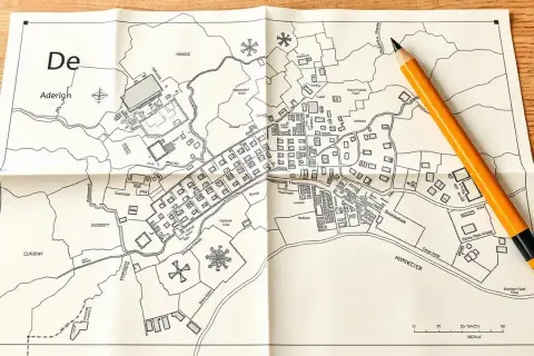 Mapa zasadnicza działki z zaznaczonymi budynkami, drogami i rzeką. Obok leży żółty ołówek.