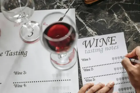 Degustacja wina: notatki z degustacji, kieliszki z czerwonym winem i formularz do zapisywania wrażeń.