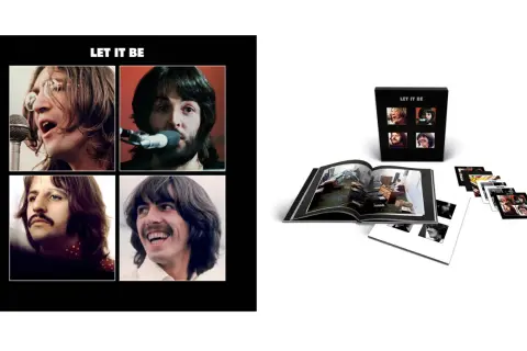 The Beatles Let It Be (Remastered 2009) box set. Okładka z portretami Johna, Paula, George'a i Ringo. Otwarta księga i płyty.