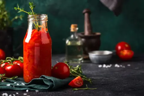 Butelka domowych włoskich sosów pomidorowych, świeże pomidory i zioła na ciemnym tle.