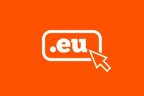 Biały napis ".eu" w zaokrąglonym prostokącie, obok którego znajduje się biała strzałka kursora. Symbolizuje wybór domeny eu.
