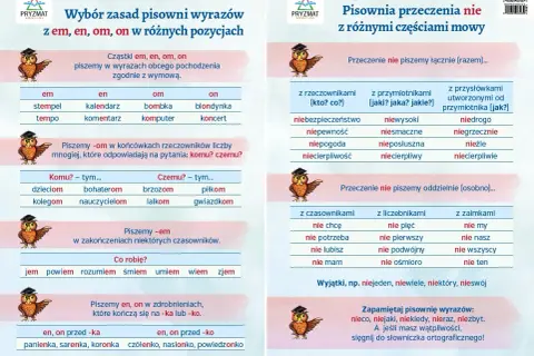 Grafika z sowami w czapkach, przedstawiająca zasady pisowni polskiej: "em", "en", "om", "on" i "nie".