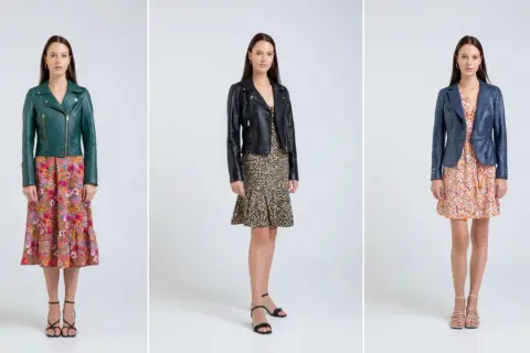 Trzy kobiety prezentują stylizacje z sukienkami i kurtkami. Zielona, czarna i granatowa kurtka do sukienki tworzą modne zestawy.