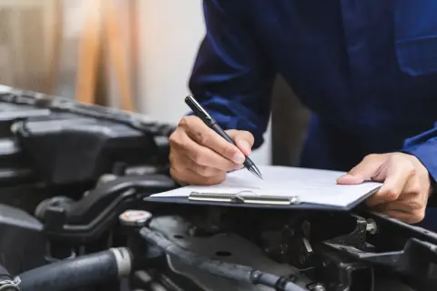 Mechanik spisuje protokół przeglądu, by uniknąć kary za spóźniony przegląd.