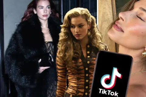 Dua Lipa i annan kvinna med tigerprint, en TikTok-logga och en närbild på en kvinna. Kanske en framtida mob wife-trend?