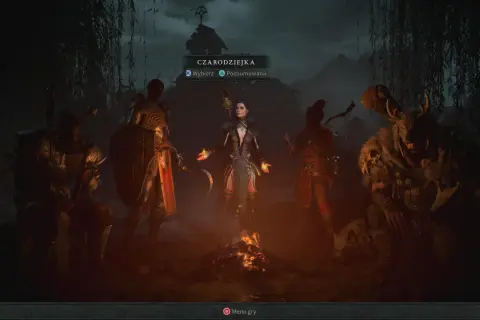 Wybór postaci w Diablo 4: Czardziejka, Barbarzyńca, Łotrzyca, Druidka i Wilkołak przy ognisku.
