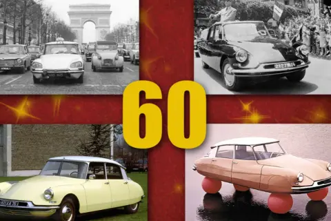 Vier Bilder von Citroën-Autos aus den 60er Jahren, darunter ein DS vor dem Arc de Triomphe und ein DS mit orangen Kugeln.