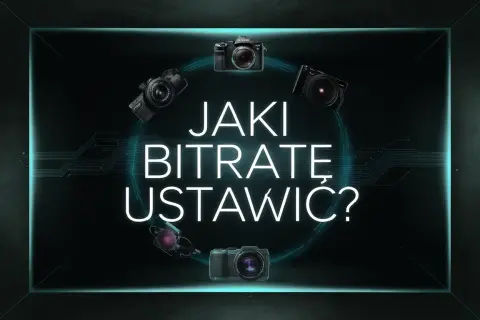 Jaki bitrate do 1080p? Pięć aparatów otacza neonowy napis, sugerując wybór ustawień dla idealnego obrazu.
