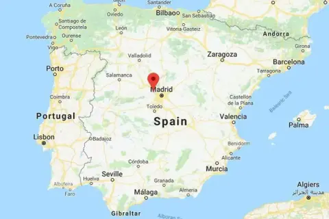 Mapa pokazuje, gdzie jest półwysep iberyjski, z zaznaczonym Madrytem. Widoczne są Portugalia, Hiszpania i fragment Francji.