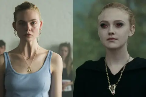 Dakota Fanning w filmach i serialach: po lewej w błękitnym topie, po prawej jako wampirzyca z czerwonymi oczami.