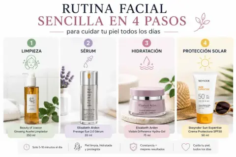 Rutina facial en 4 pasos para mejorar piel cara: limpieza, sérum, hidratación y protección solar. Productos de Beauty of Joseon, Elizabeth Arden y Skeyndor.