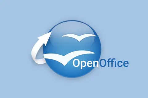 Logo OpenOffice z białymi ptakami i strzałką. Pobierz pakiet biurowy open office za darmo.