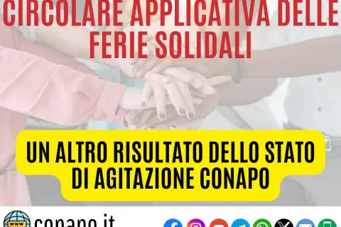 Circolare applicativa sulle ferie solidali, un risultato dello stato di agitazione CONAPO. Mani unite simboleggiano la solidarietà.