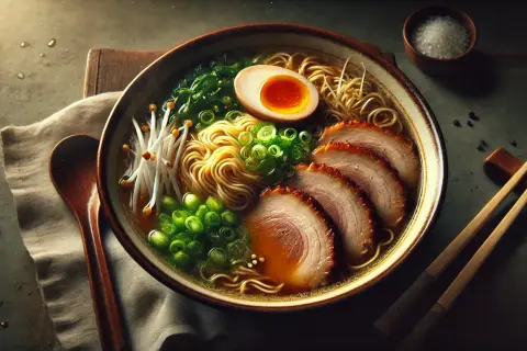 Apetyczny ramen z makaronem, plastrami wieprzowiny, jajkiem i szczypiorkiem. Idealne dodatki do ramenu, by wzbogacić smak.