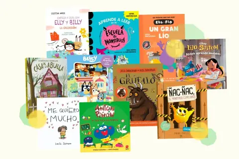 Colección de cuentos para niños de 5 años con personajes como El Grufalo, Bluey y Stitch, ideales para aprender a leer.