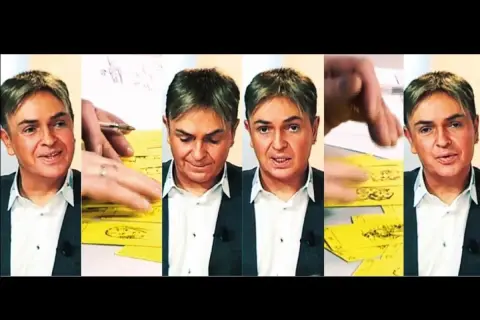 Claude Alexis, prénom, est montré dans plusieurs vignettes, manipulant des cartes jaunes.
