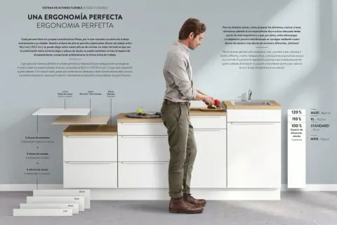 Un homme prépare des légumes dans une cuisine moderne. Le système offre une hauteur de travail personnalisable pour une ergonomie parfaite.