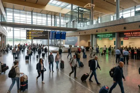 Ludzie z bagażami przechodzą przez nowoczesne lotniska w Norwegii, kierując się do odbioru bagażu lub odprawy celnej.