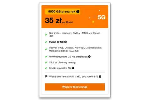 Orange Free na kartę: 9900 GB na rok, rozmowy i SMS-y bez limitu, 50 GB w roamingu za 35 zł/30 dni. Kody aktywacyjne dostępne.
